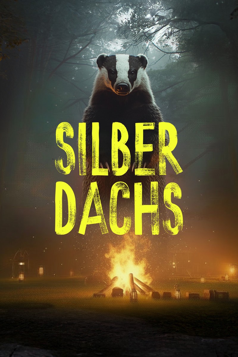 Silberdachs-Motiv mit Dachs am Lagerfeuer und gelber Typografie